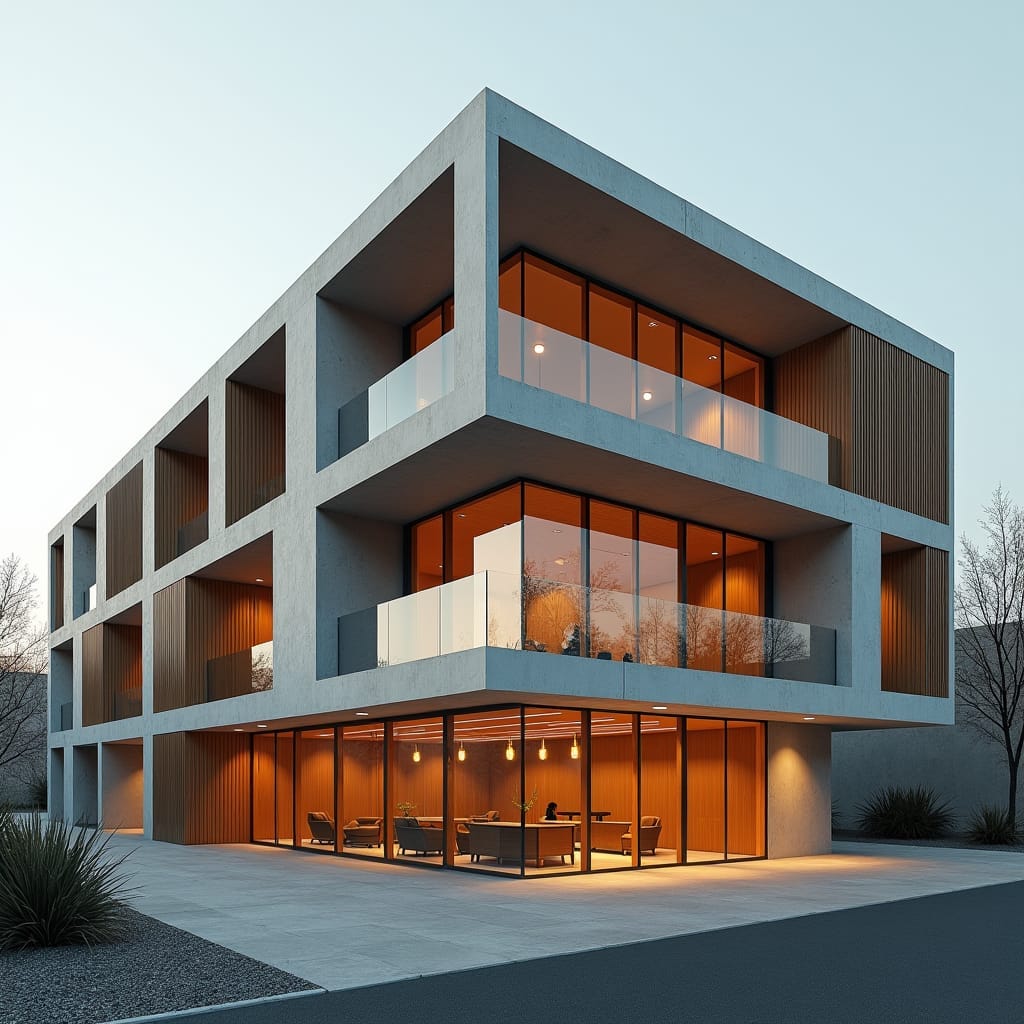 A basic commercial block, with a modular design using simple, rectangular shapes. The building is made of concrete with large windows, offering open spaces inside for flexible use. The exterior is accented with vertical wooden slats for a touch of warmth and texture. Modular design, concrete and wood, clean and functional.