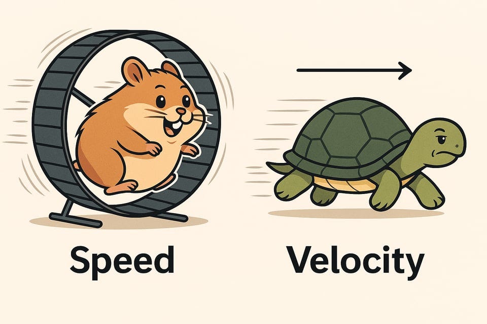 hamster running on wheel labeled "speed", turtle with arrow labeled "velocity" hamster running on wheel labeled "speed", turtle with arrow labeled "velocity"