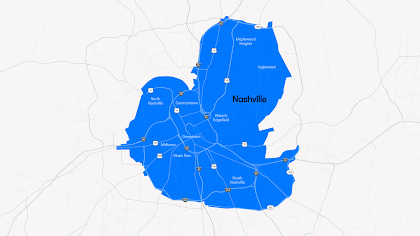 A map of Nashville, Tennessee, with a large blue shaded area representing the Waymo service territory. The coverage area spans approximately 60 square miles, encompassing neighborhoods such as North Nashville, Germantown, Downtown, Midtown, Music Row, South Nashville, and Inglewood.
