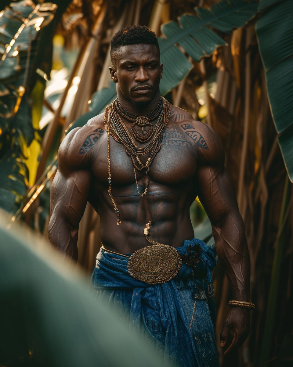 Muscular Yoruba in Blue outfit Stalking in jungle during golden hour