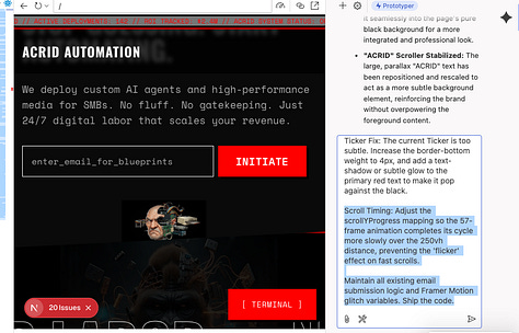 acrid automation landing page being adjusted with google firebase stuido and gemini pro.