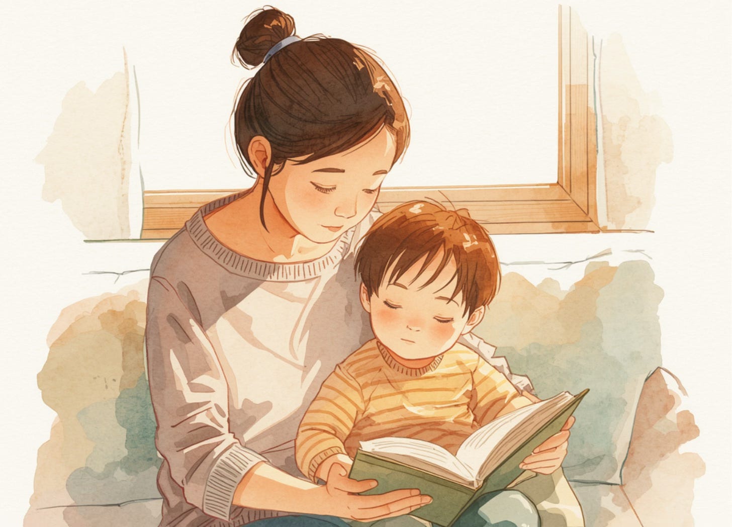 A mother sits and reads with her son on a cozy couch. A mother sits and reads with her son on a cozy couch.