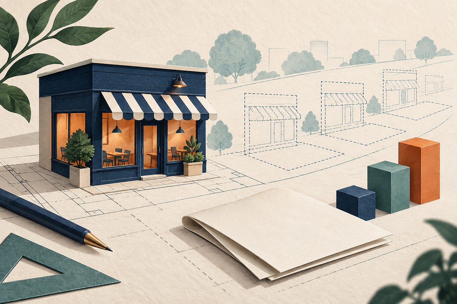Editorial illustration of a model storefront, outlined future locations and an unmarked agreement on a planning sheet. Editorial illustration of a model storefront, outlined future locations and an unmarked agreement on a planning sheet.