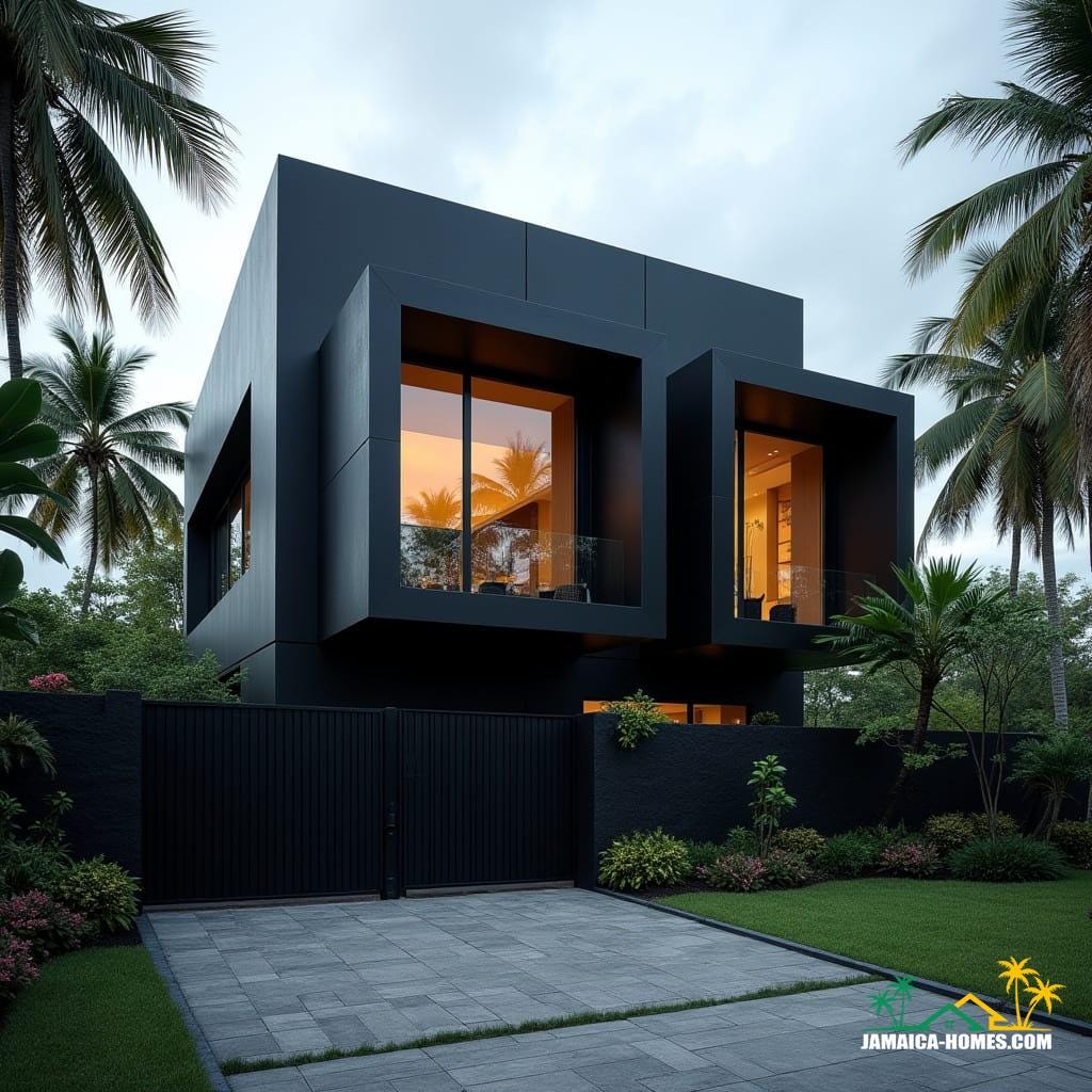 A striking modern black Caribbean cottage in Jamaica, nestled near the beach. The architecture features bold, square, solid lines, with cubic forms stacked in a contemporary Gothic-inspired style. Large, protruding window boxes are framed in matte black steel and concrete. Oversized square windows jut outward, offering views of the turquoise sea and lush tropical greenery. Warm golden interior lighting glows through the solid glass, contrasting with the deep black exterior. The landscape includes tropical palms, flowering plants, and a sleek stone driveway leading to a modern black gate. Cinematic film still, shot on v-raptor XL, film grain, vignette, color graded, post-processed, cinematic lighting, 35mm film, live-action, best quality, atmospheric, masterpiece, epic, stunning, dramatic.