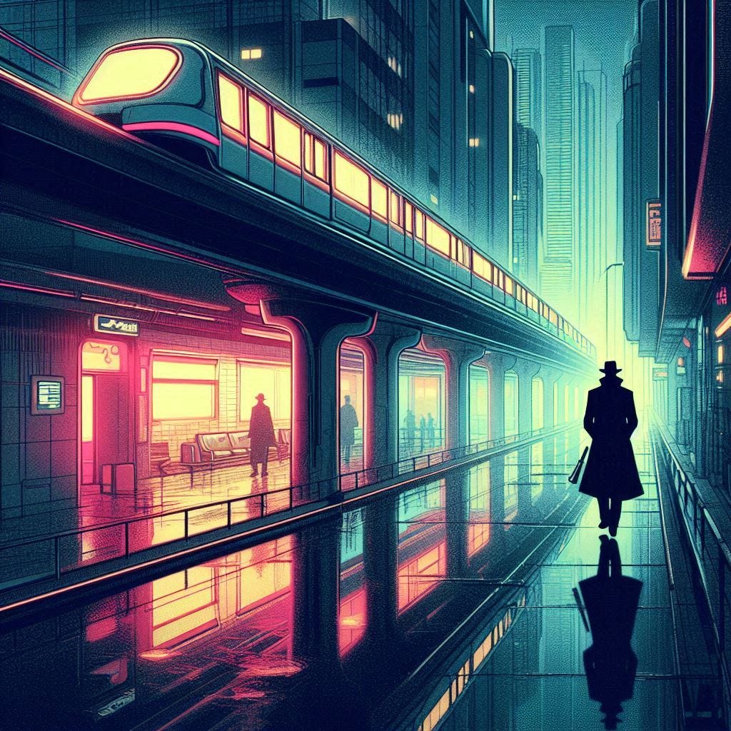 monorail station in a neon lit urban alley puddled foggy, detective silhouette, nighttime, retro-futuristic drawing