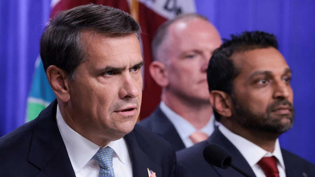 Acting US Attorney General Todd Blanche, alongside FBI Director Kash Patel and other officials, announces new Trump administration actions against the Jalisco New Generation Cartel (CJNG) during a press conference at the Justice Department in Washington, D.C., U.S., August 5, 2026. REUTERS/Jonathan Ernst