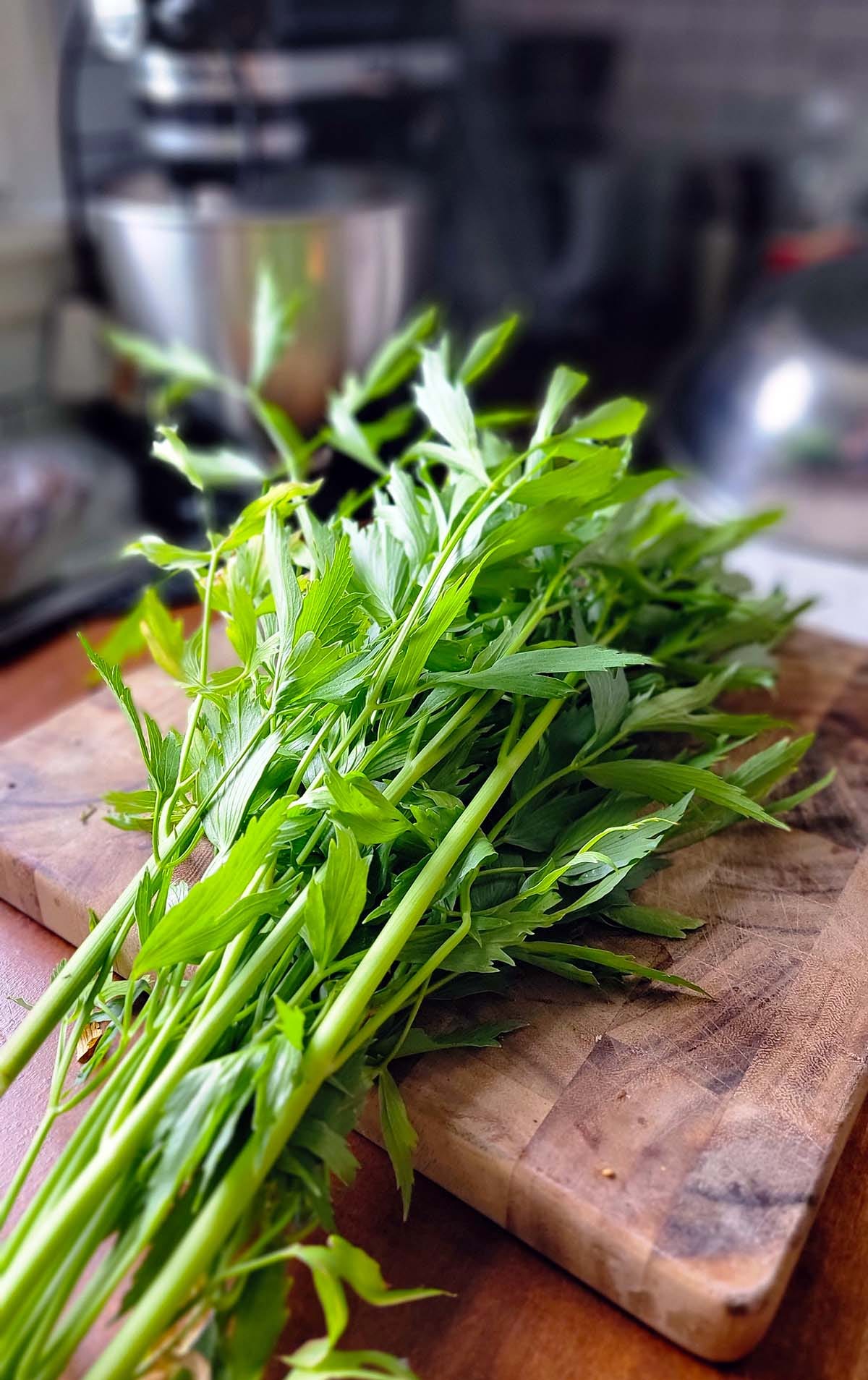 Lovage on a cutting board. 