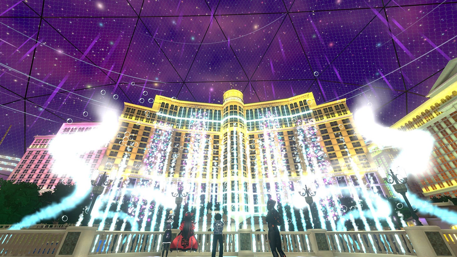 This is an image of ArmaniXR and his friends taking in a great view of Parareal Las Vegas from Vket Summer 2023.