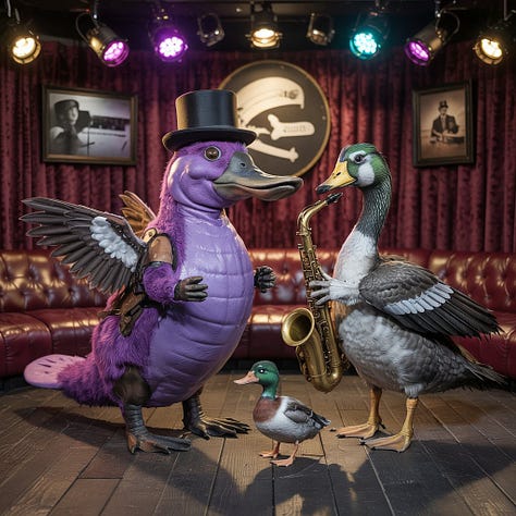 Candid photos of a steampunk purple platypus with wings on comedy stage with a cyberpunk goose playing the saxophone and a dieselpunk duck watching by 4o, Ideogram 3.0, Reve 1.0