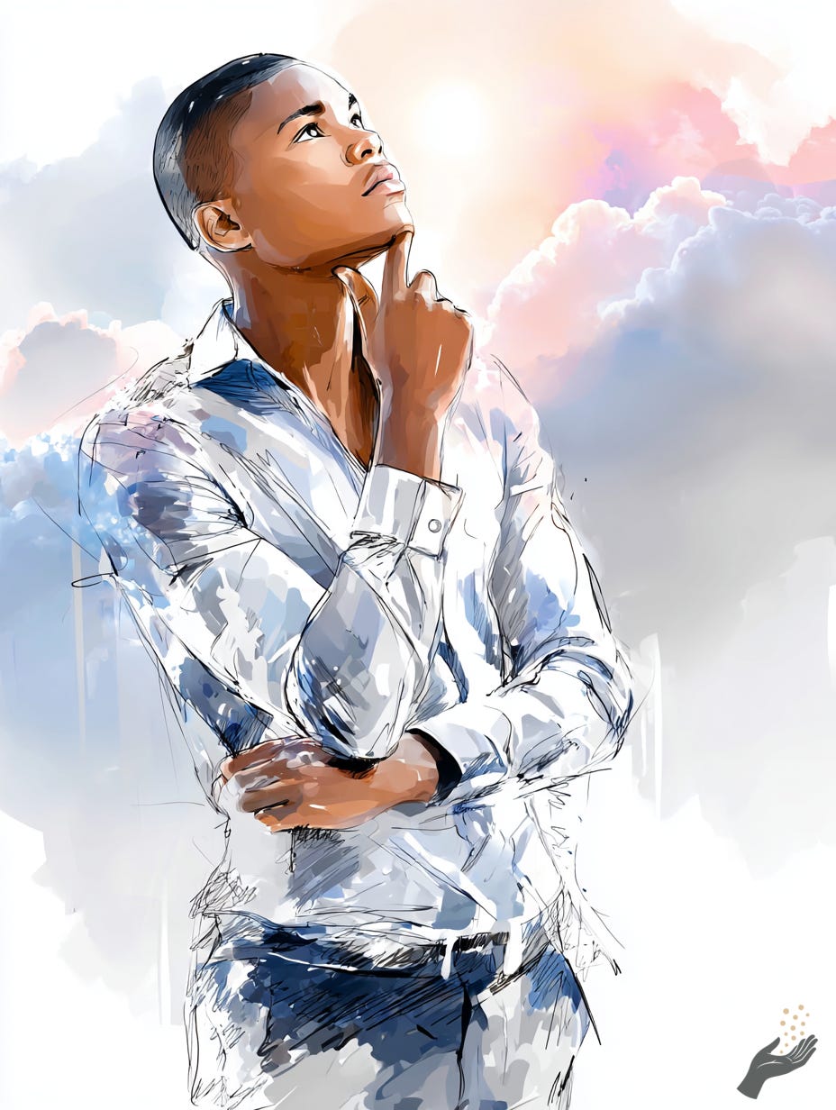 Loose watercolor-style portrait of a standing person in a pale shirt, one hand at the chin, looking upward against a soft clouded sky. Loose watercolor-style portrait of a standing person in a pale shirt, one hand at the chin, looking upward against a soft clouded sky.