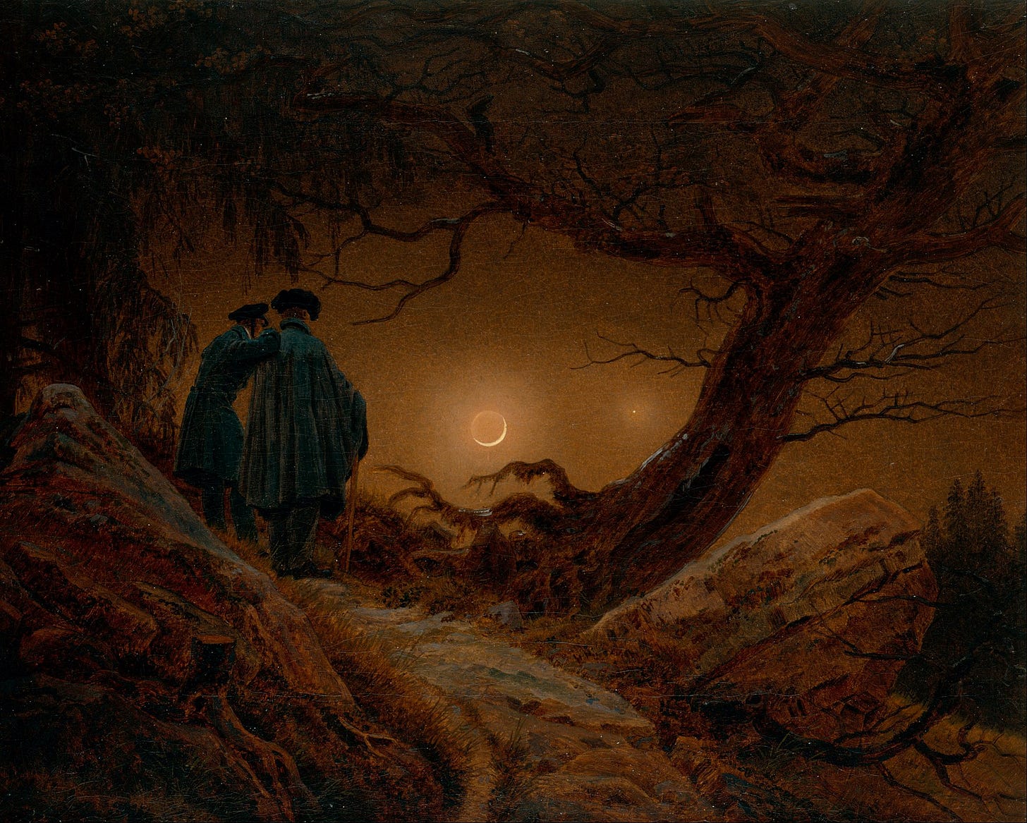 Caspar David Friedrich, two men seen from behind watching a crescent moon, Dresden version Caspar David Friedrich, two men seen from behind watching a crescent moon, Dresden version