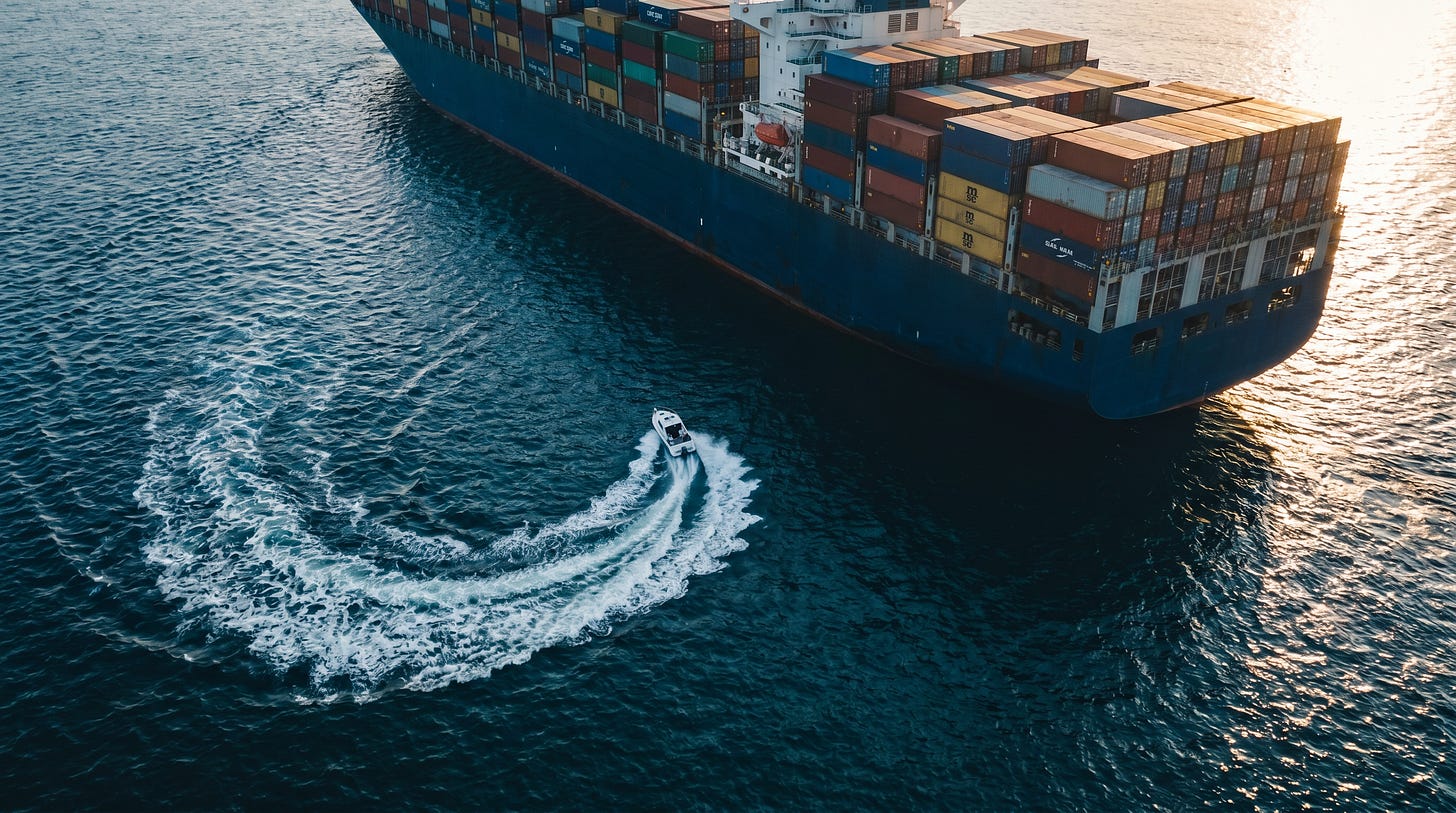 Een speedboot maakt een strakke cirkel om een gigantisch stilstaand containerschip