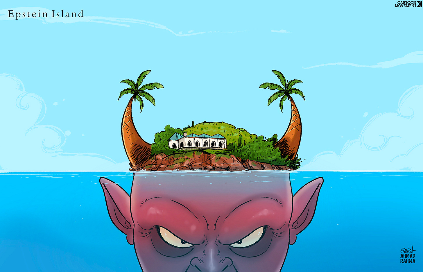Cartoon showing an island with the part beneath the surface forming a devil's face, while two palm trees at the top are shaped like the devil's horns. The caption read's 'Epstein island'.