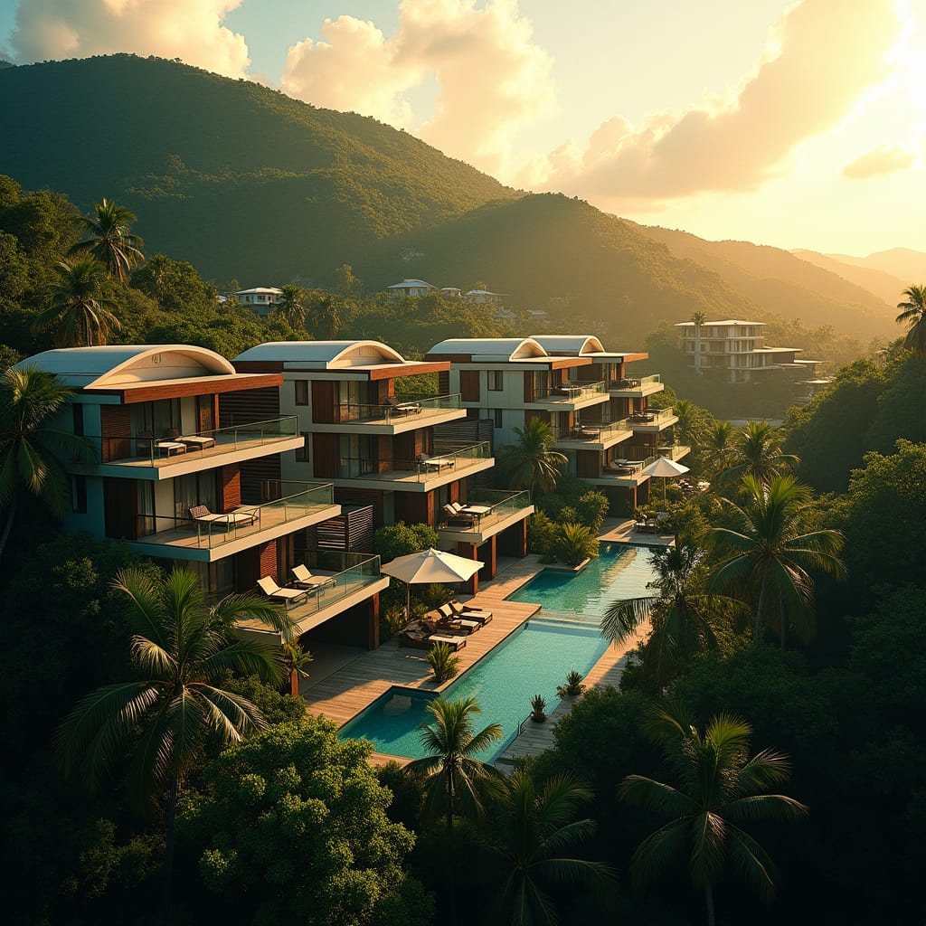 Luxurious condos in Jamaica, with warm tropical sunlight casting a golden glow on the modern architecture, set against a breathtaking backdrop of turquoise ocean and lush green palm trees