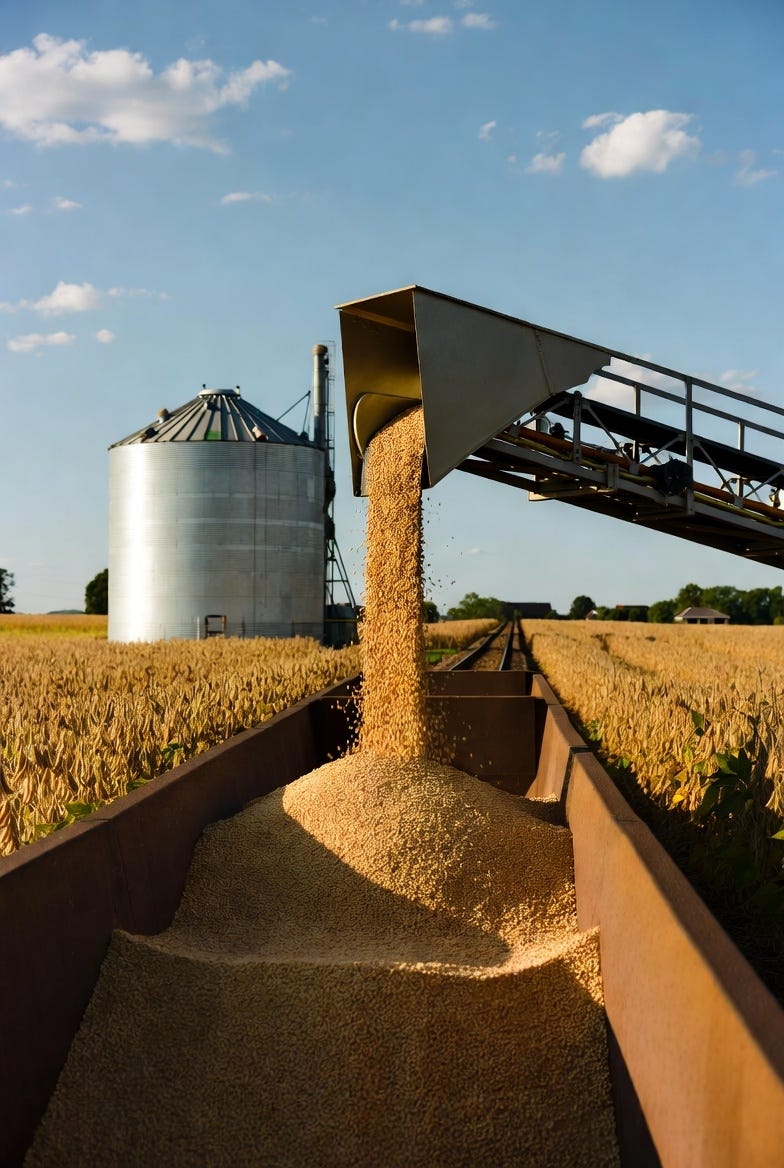 A photograph of soybeans being loaded into a railcar via conveyor belt in an agricultural field.
