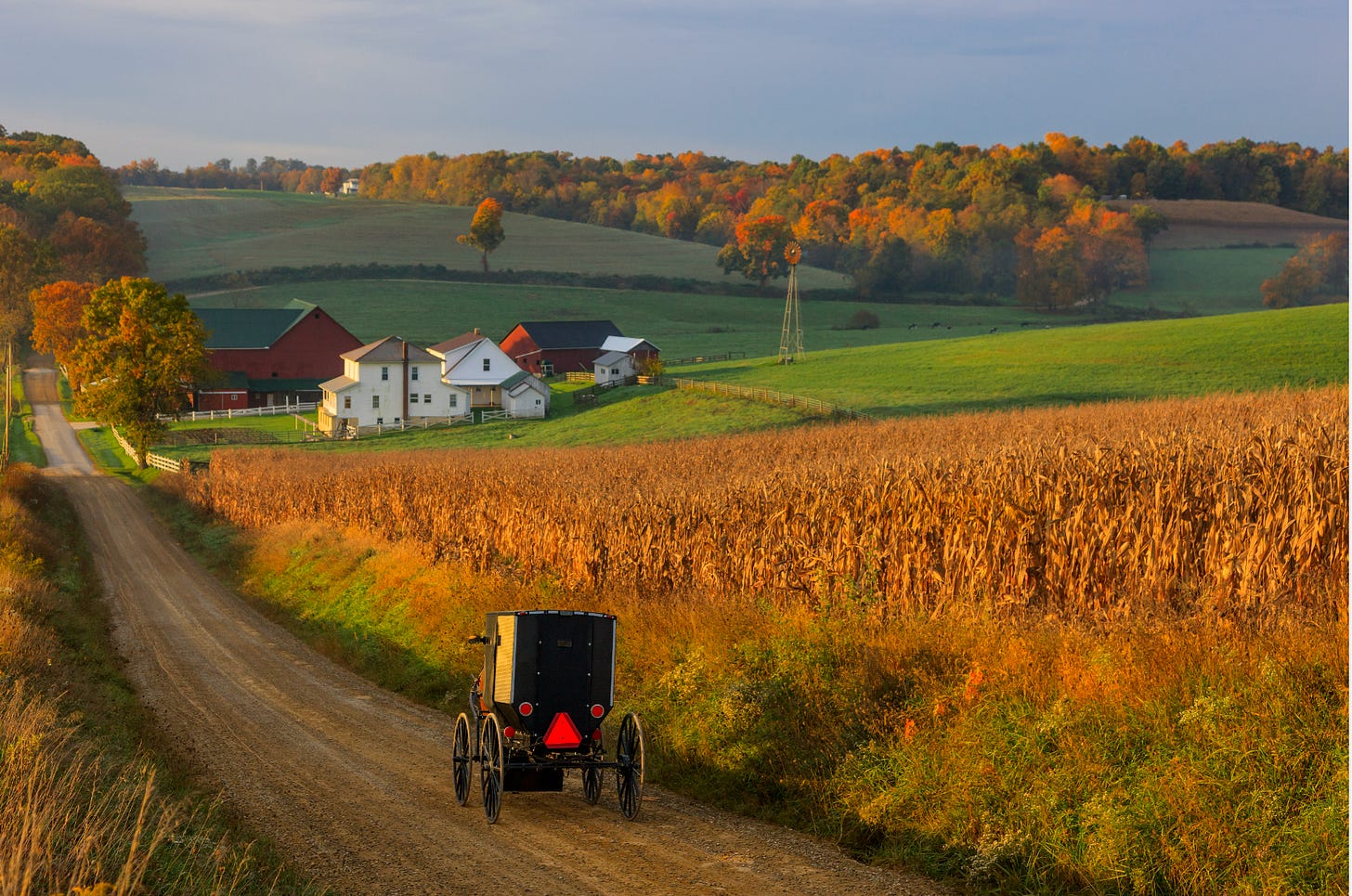 A horse-drawn Amish buggy travels a dirt road past farmhouses and autumn fields in rural countryside. A horse-drawn Amish buggy travels a dirt road past farmhouses and autumn fields in rural countryside.