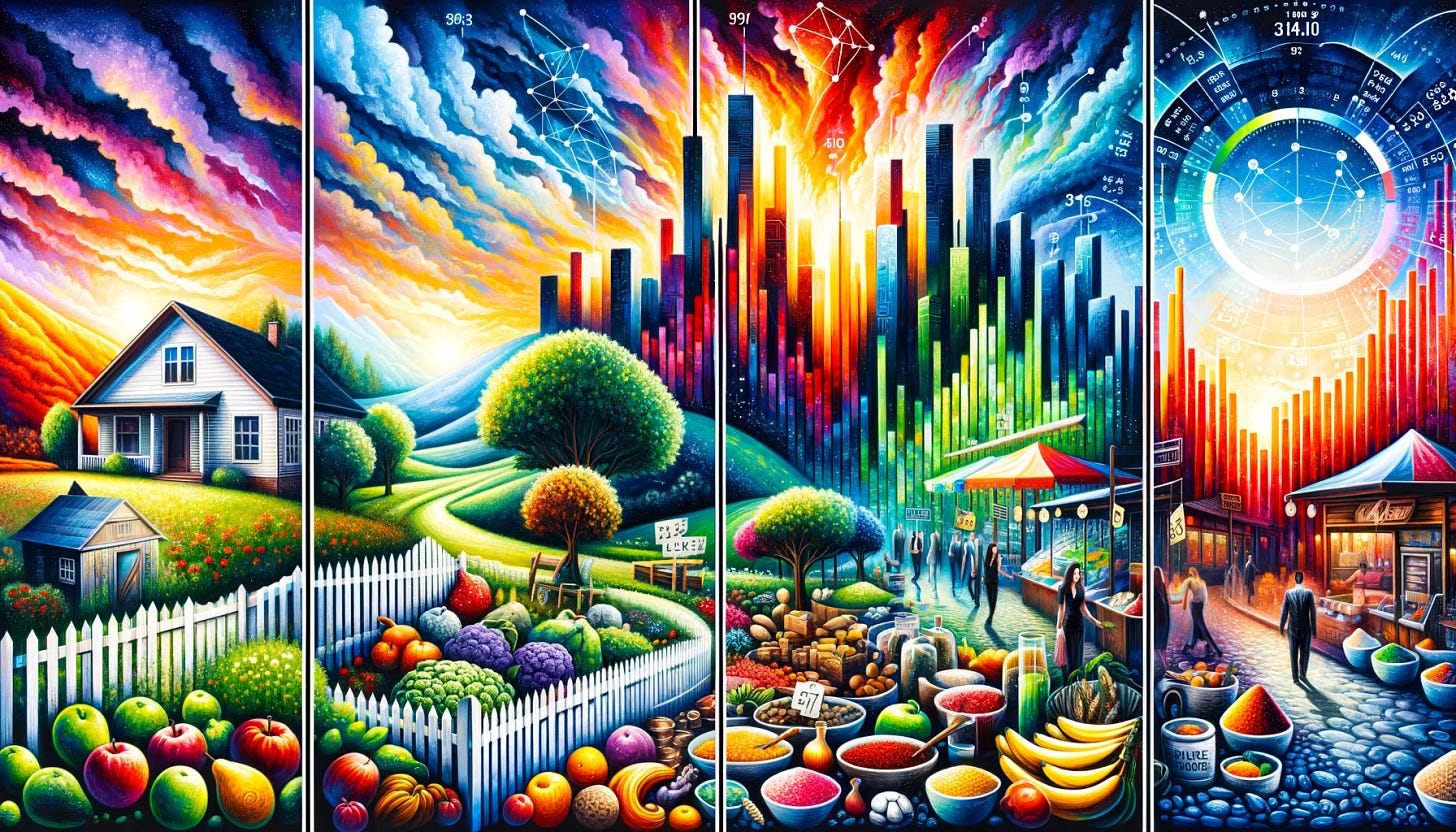 A triptych art piece, where each panel symbolizes a different concept. The first panel represents 'Property': It shows a serene landscape with a traditional house, a white picket fence, and a lush garden, symbolizing ownership and stability. The second panel symbolizes 'Prices': This panel features a bustling market scene with various goods like fruits, vegetables, and grains, with visible price tags, representing trade and valuation. The third panel represents the 'Profit System': It depicts a modern city skyline with towering skyscrapers, bustling streets, and a stock market ticker running along the bottom, symbolizing economic growth and capitalism. The style is modern and abstract, with bright, vivid colors to emphasize each theme.
