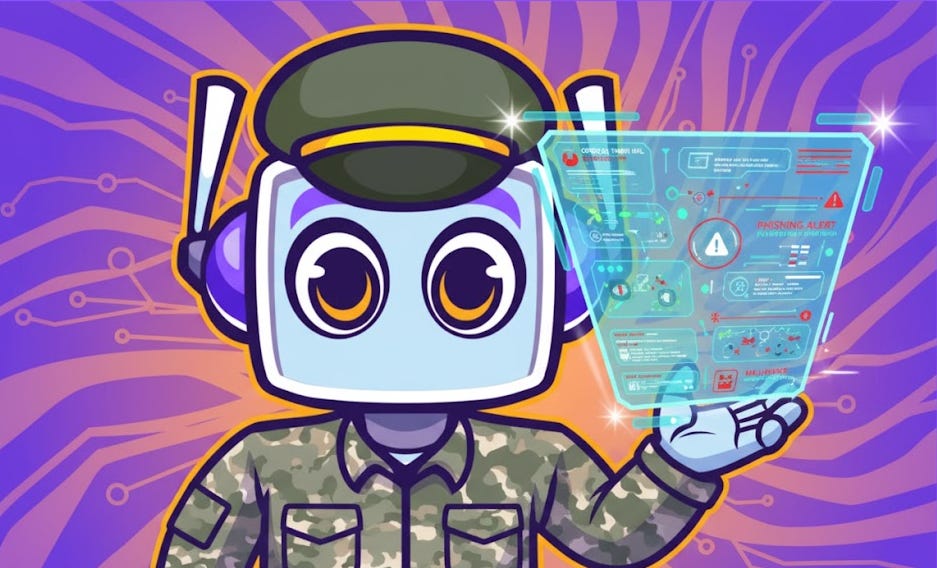 A rectangular image featuring the Neuralbuddy character, a blue robot in a military uniform and cap, highlighting a holographic display of a cyber threat matrix. The display shows various alerts and data points related to cyber threats. The background is a creative gradient with circuit board patterns, incorporating the purple and orange colors from the original character design.