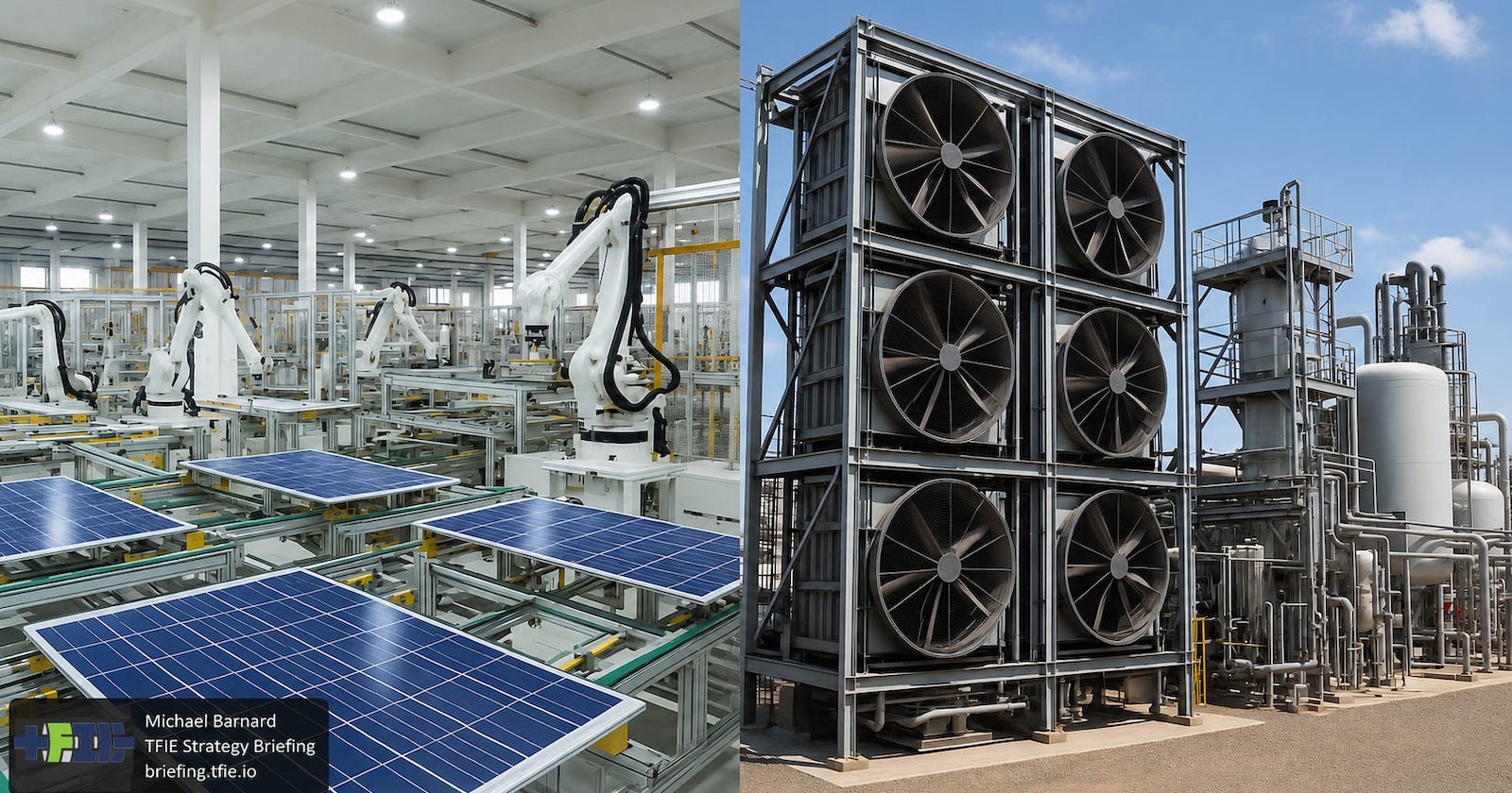 Solar-panel manufacturing contrasted with large direct-air-capture infrastructure.