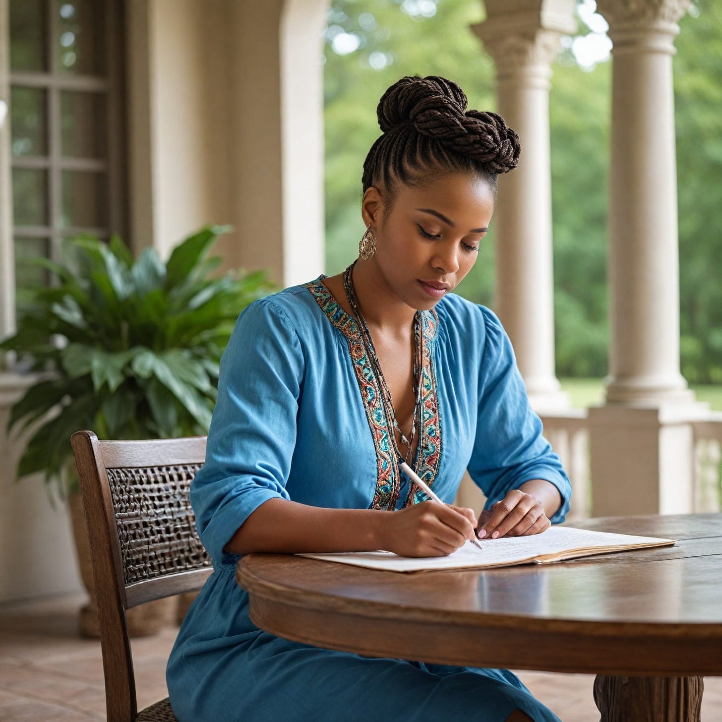 poised African American woman sits outside  writing a letter with elegance and grace at a table. Her casual outfit and confident posture highlight her sophistication against the backdrop of the luxurious estate. Soft natural lighting illuminates her features, creating a warm and inviting ambiance. The imageates timeless beauty and class, evoking a sense of refinement and sophistication. She dresses with bold colors and she wears braids.  She is looking down as she writes.