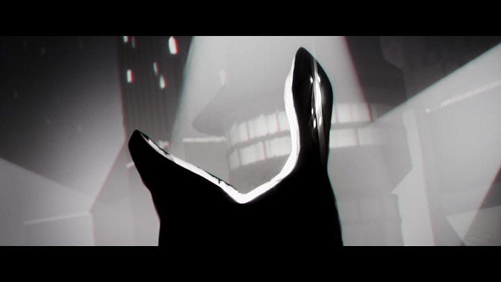 The first image depicts a giant black beast with it's head thrown back, roaring in grief. In the second image, the beast is pressing its chest to a sword held outstretched by a giant statue of a female knight, all while helicopters and streets full of people look on.