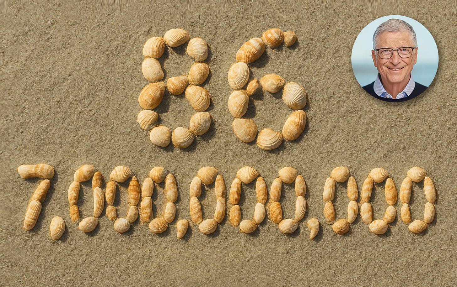 Seashells arranged as ‘86’ and ‘7,000,000,000’ on beach sand, with Bill Gates’ headshot in the corner
