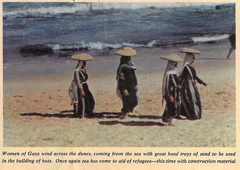A photo series by David Douglas Duncan depicting life in Gaza’s refugee camps in 1956. Images include men sitting outside makeshift huts near the Mediterranean; workers dyeing thread for scarce income; women protesting rationing; boys studying along the roadside; injured children comforted at a local hospital; children building sand castles and playing jacks on the beach; women carrying sand from the sea for construction; and a man salvaging metal lids for reuse. Together, these images portray the resilience and resourcefulness of a displaced people enduring life under siege.