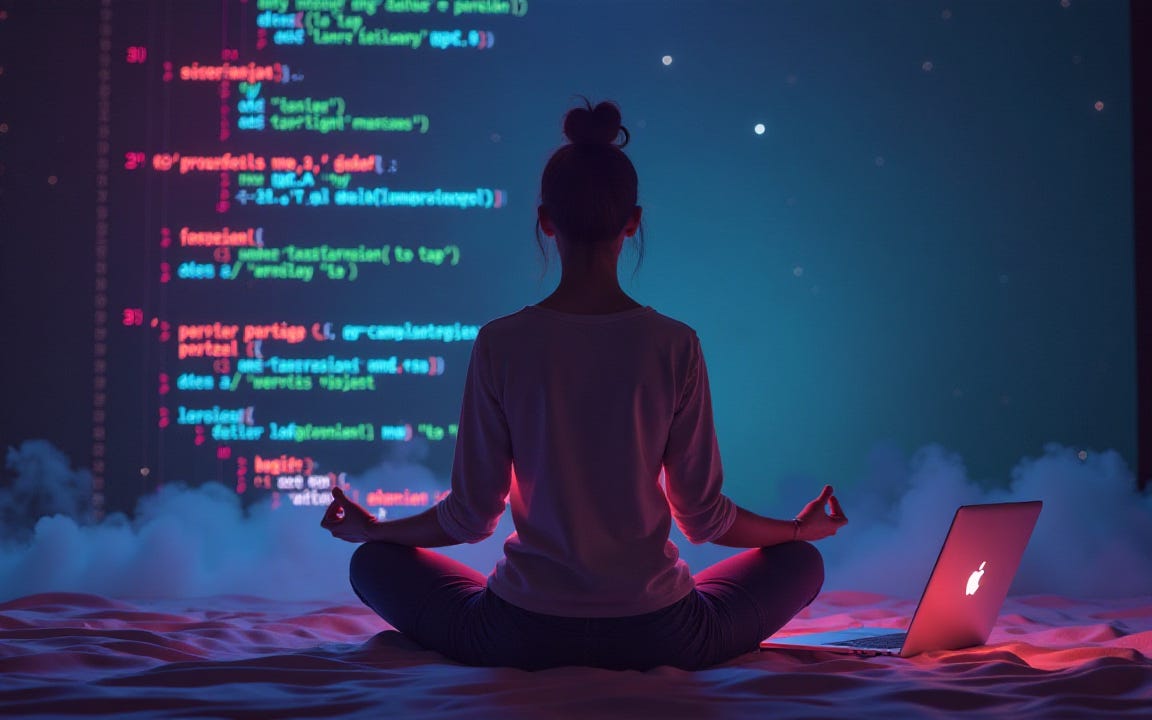 Founder meditating in front of AI-generated code on a screen with a glowing laptop