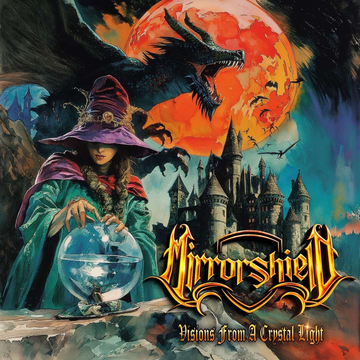 Album cover artwork from Mirrorshield depicting a witch, a castle, and a dragon.