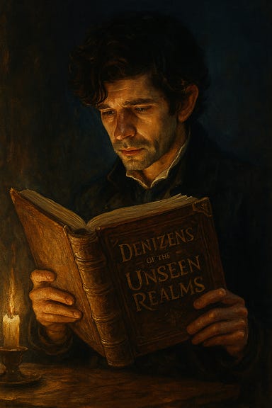 Felonious, visually based on Ben Whishaw, sits cross-legged in a dimly lit tent, reading the ancient tome 'Denizens of the Unseen Realms.' The book rests open on his lap, its dark leather cover embossed with silver glyphs and a golden triangular emblem with an eye at its center. Felonious wears a long, dark coat with a high collar, slightly rumpled from travel, and his expression is focused, eyes scanning the arcane diagrams and crimson annotations. Around him, candles flicker, casting warm light on the canvas walls and illuminating the swirling mist that creeps in from the tent’s entrance. A raven feather bookmark lies beside him, and the air hums faintly with planar energy.