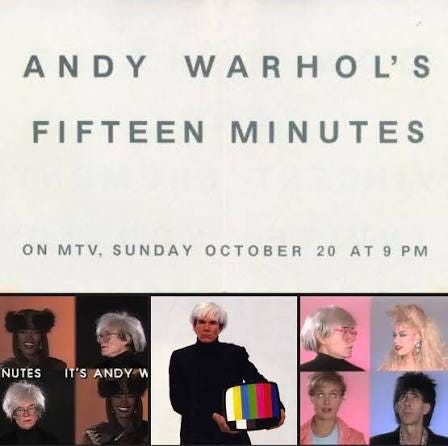 On this day in 1985, Andy Warhol's Fifteen Minutes premiered on MTV! It was  a short lived talk show that lasted only 5 episodes that included  interviews from many different music groups