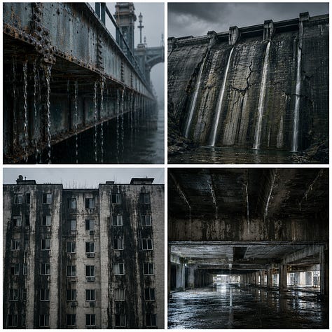 A six-image gallery titled “Where the World Leaks” from “The Crying World”, a Kirenya visual series made of six square 2x2 quadriptychs. The first shows solitary people crying in private domestic spaces such as a bathroom, shower, kitchen table, and bedroom. The second shows individuals crying in everyday threshold spaces, including a parked car, office restroom, laundromat, and grocery aisle. The third shows people crying while surrounded by social life, including a dinner party, birthday gathering, crowded living room, and public transit. The fourth shows groups crying together in recognizable communal settings such as a family kitchen, living room, workplace break room, and support circle. The fifth extends the idea of crying into animals and trees, with a wet dog, a rain-soaked horse, sap running down bark, and a solitary storm-bent tree. The sixth shows infrastructure as if it is weeping, including a rusting bridge, cracked dam, stained apartment building, and dripping underpass.