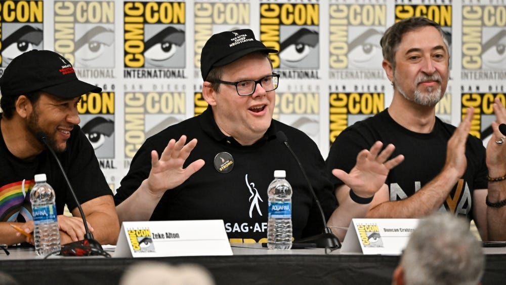 Zeke Alton, Duncan Crabtree-Ireland, SAG-AFTRA National Executive Director and Chief Negotiator, and Tim Friedlander speak at National Association Of Voice Actors AI In Entertainment: The Performer's Perspective at the 2023 Comic-Con International: San Diego at the San Diego Convention Center on July 22, 2023 in San Diego, California.