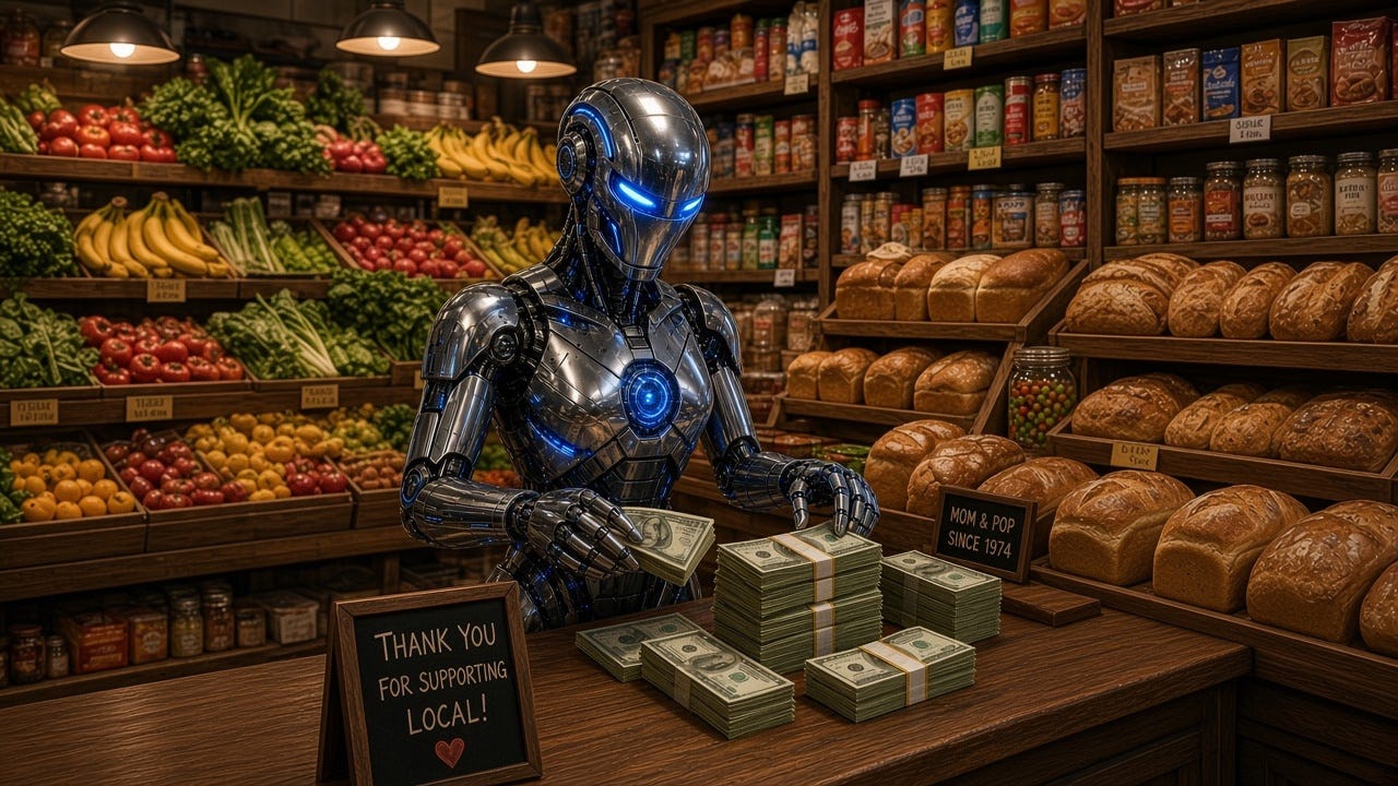Futuristic Robot counting USD bills behind the counter of a typical Mom & Pop store