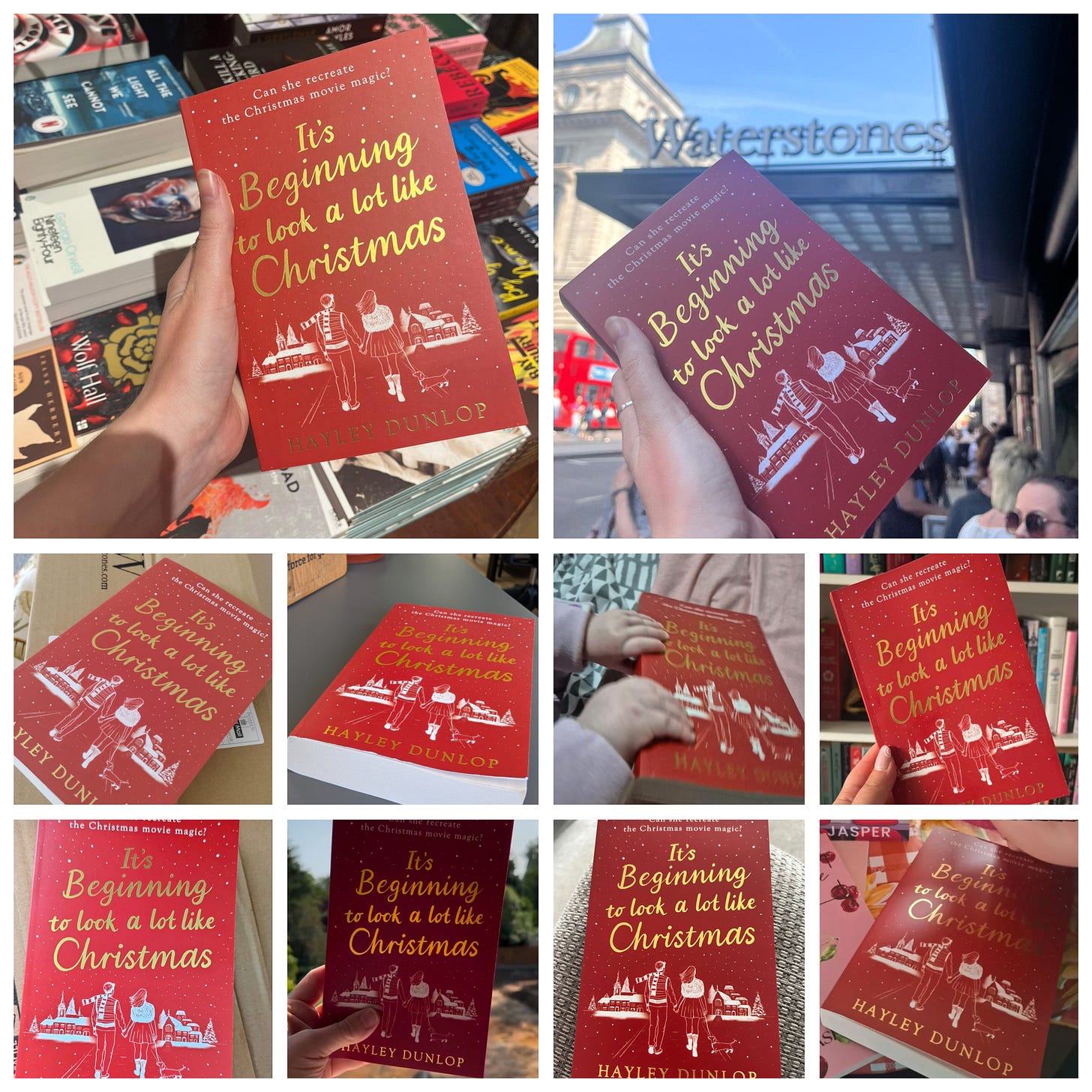 a collage of ten images that have been sent to Hayley of people holding printed copies of her book.