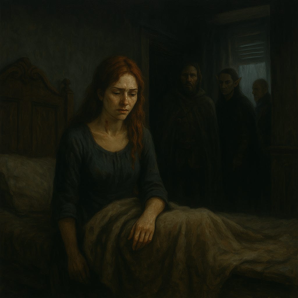 create a picture of Ireena recovering in the burgomaster's bedroom