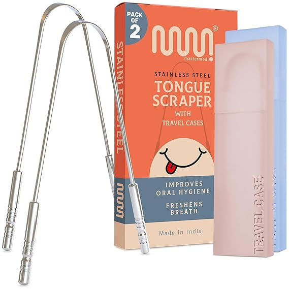 MasterMedi Tongue Scraper for Adults with Multicolor Travel Cases (2 Pack), 100% Stainless Steel, Reduce Bad Breath, Tongue Scrubber, Easy to Use, Tongue Cleaner for Oral Care & Hygiene MasterMedi Tongue Scraper for Adults with Multicolor Travel Cases (2 Pack), 100% Stainless Steel, Reduce Bad Breath, Tongue Scrubber, Easy to Use, Tongue Cleaner for Oral Care & Hygiene