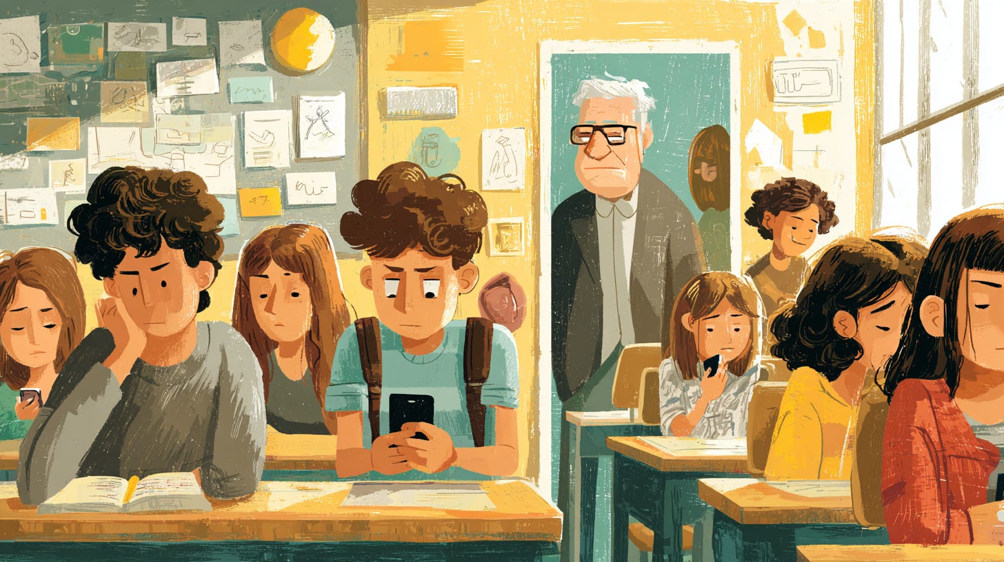 A middle school classroom during the afternoon slump shows student disengagement. Some students are distracted by phones, others appear tired or off task, while a teacher stands at the door observing. This scene highlights classroom management challenges and the need for strategies to re-engage students and refocus attention.