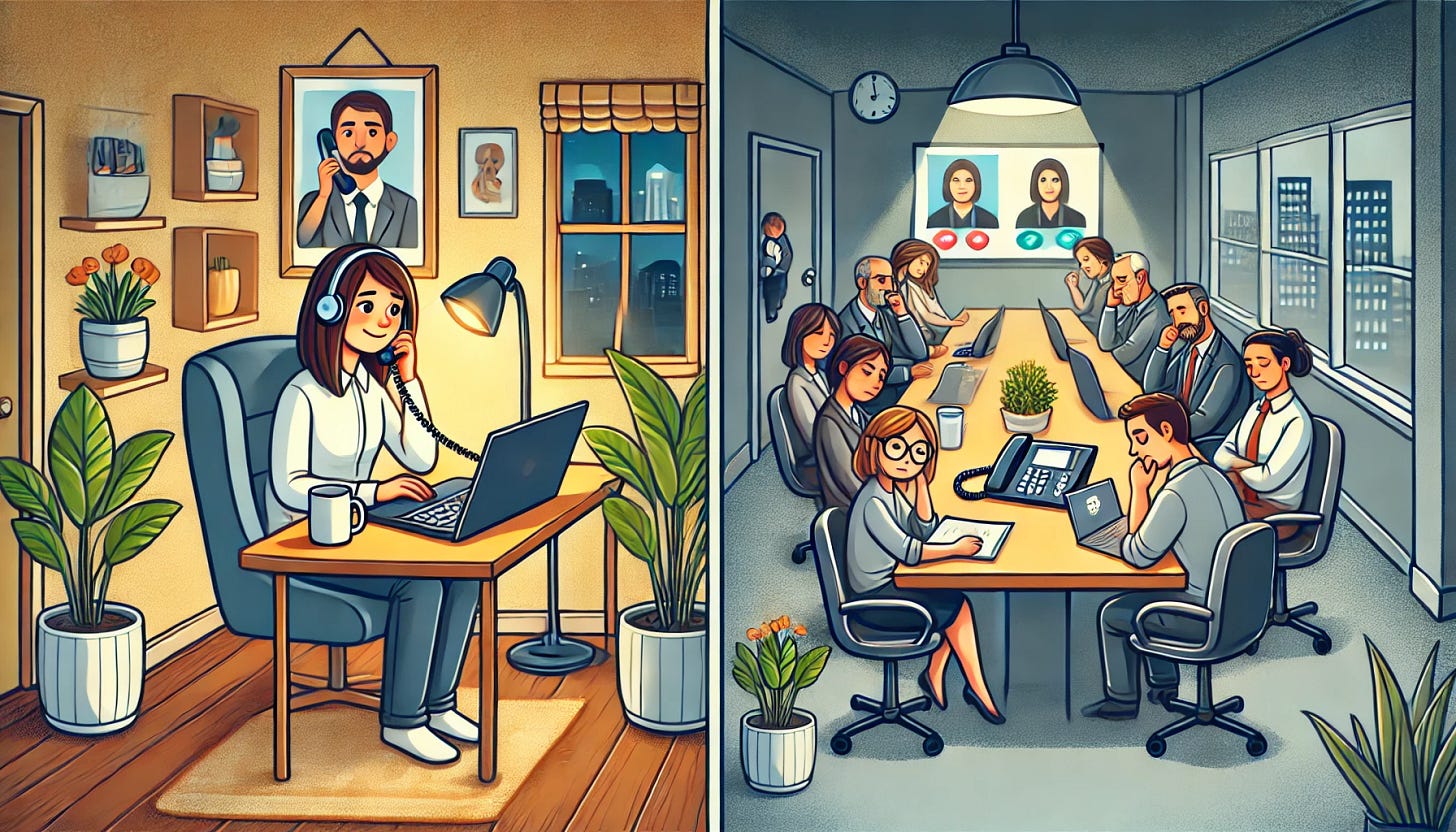An illustration showing an employee working from home and dialing into a virtual meeting, while their colleagues are connected separately from a miserable conference room. The home worker is in a cozy, well-lit environment with a relaxed and content expression, surrounded by warm decor like a plant, coffee mug, and soft lighting. In contrast, the conference room is dull and poorly lit, with gray walls, uncomfortable chairs, and a group of tired, frustrated colleagues dialing into the same meeting. The coworkers look disengaged and unhappy, highlighting the stark difference between the two environments. An illustration showing an employee working from home and dialing into a virtual meeting, while their colleagues are connected separately from a miserable conference room. The home worker is in a cozy, well-lit environment with a relaxed and content expression, surrounded by warm decor like a plant, coffee mug, and soft lighting. In contrast, the conference room is dull and poorly lit, with gray walls, uncomfortable chairs, and a group of tired, frustrated colleagues dialing into the same meeting. The coworkers look disengaged and unhappy, highlighting the stark difference between the two environments.