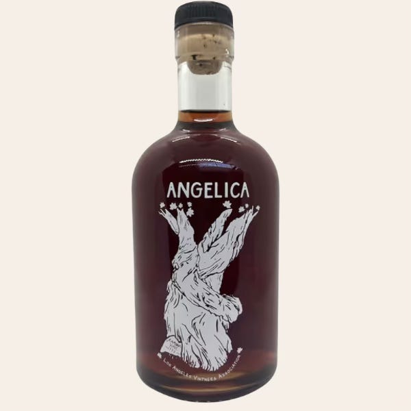 Bottle of Angelica fortified wine from the Los Angeles Vintners Association, with a label illustration of the gnarled Ramona Vine. Bottle of Angelica fortified wine from the Los Angeles Vintners Association, with a label illustration of the gnarled Ramona Vine.