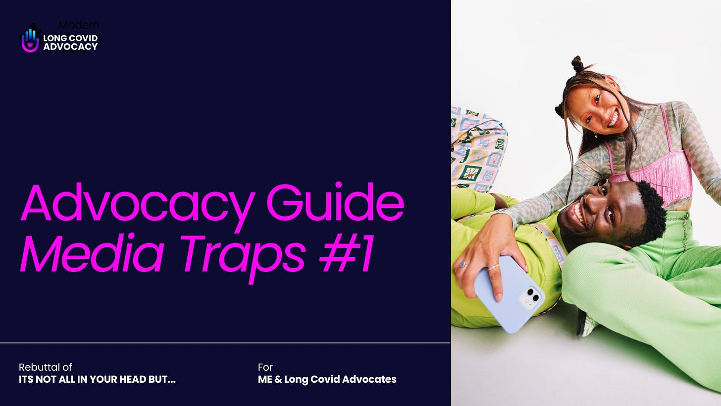 Two smiling individuals in colorful outfits, one holding a phone. Text reads: "Advocacy Guide: Media Traps #1" with a Long Covid Advocacy logo. Two smiling individuals in colorful outfits, one holding a phone. Text reads: "Advocacy Guide: Media Traps #1" with a Long Covid Advocacy logo.