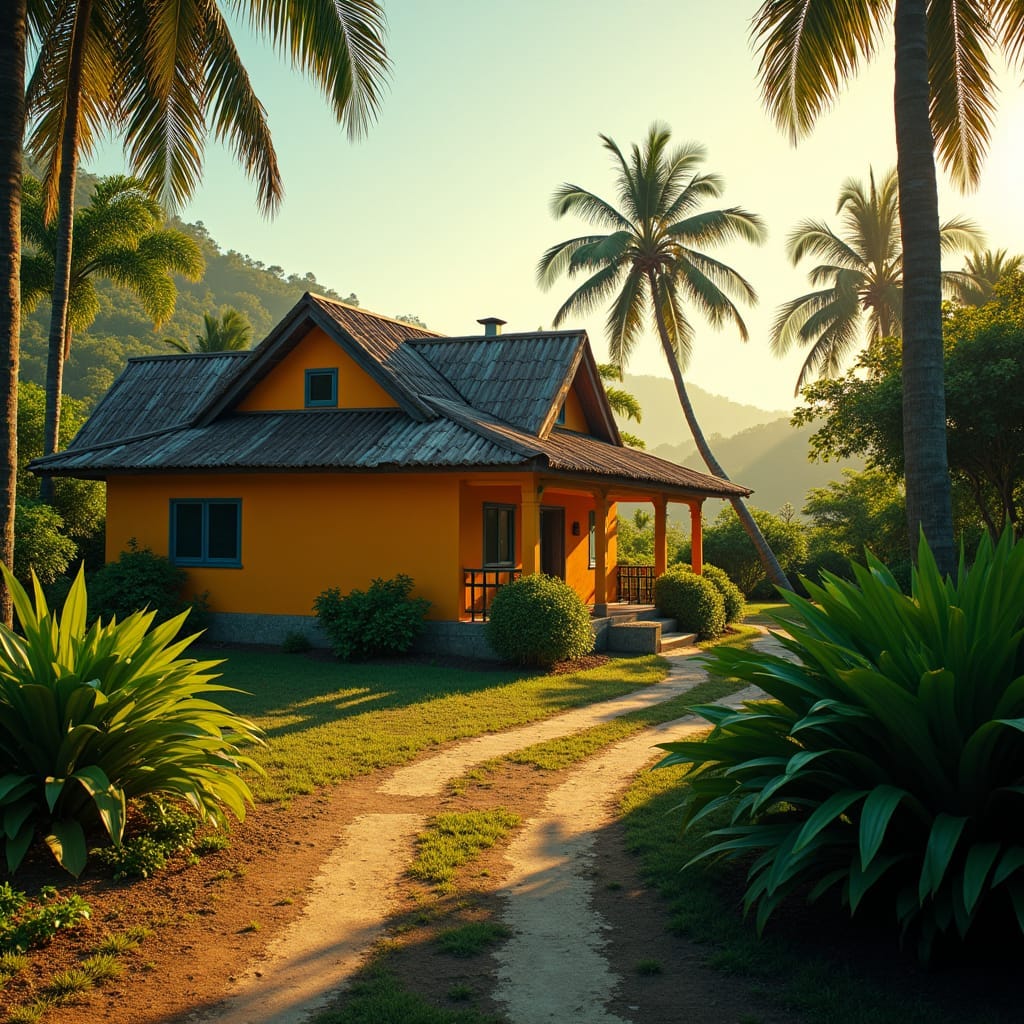 ibrant Jamaican property with distinctive Unequal duo-pitch roof, set amidst lush tropical surroundings