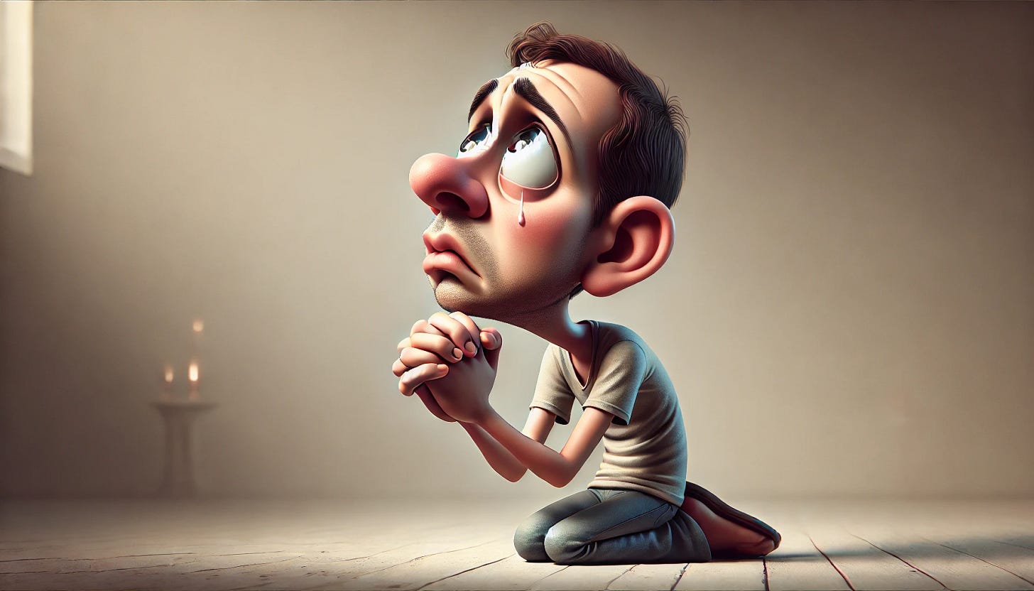 A caricature of a person seeking forgiveness, kneeling with hands clasped, looking up with an expression of remorse and sincerity. The person has exaggerated features like a large, pleading face with wide eyes and slightly oversized hands. The setting is simple, with the focus on the emotional expression of seeking forgiveness, and the background is soft and minimal to keep attention on the figure.