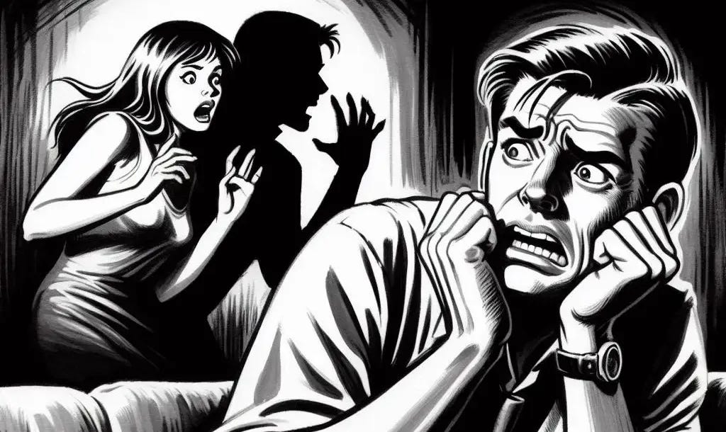 a man afraid of his girlfriend in black and white ink and gouache style