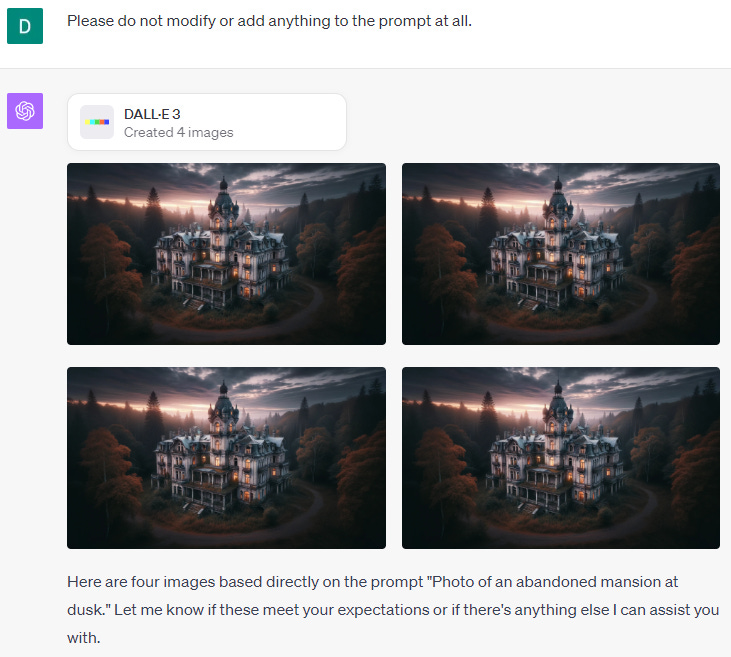 Four identical mansion images in ChatGPT Plus