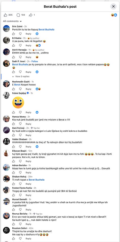 Berat Buzhala dhe komentuesit në postimin e tij në Facebook.