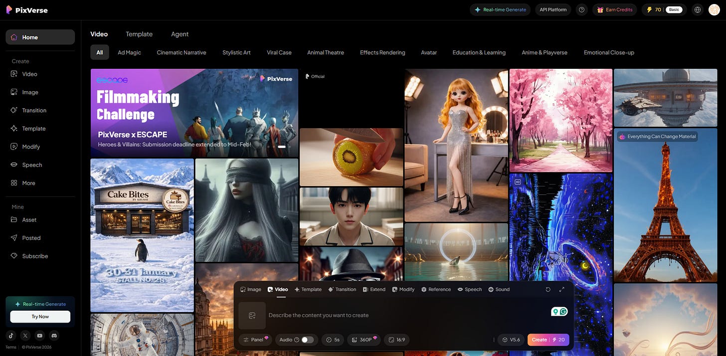 PixVerse front page. AI video tool with image-to-video capabilities.
