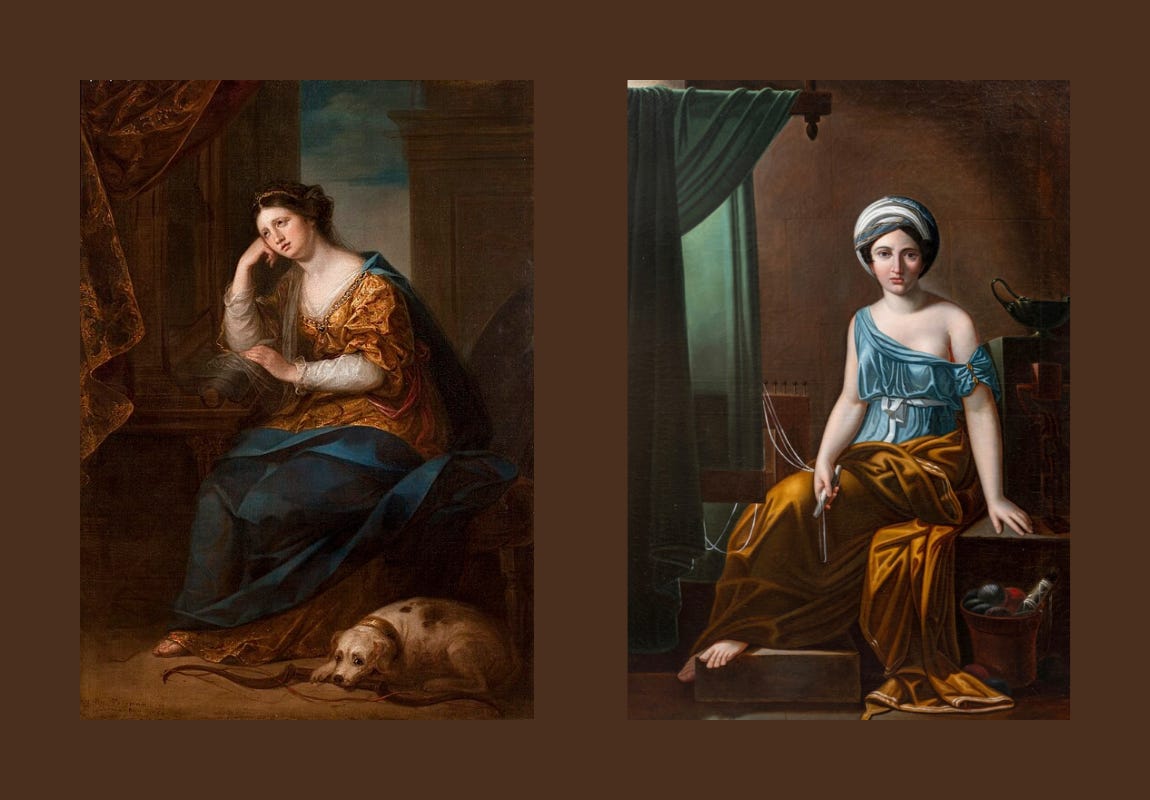 Two late-eighteenth century oil paintings by female painters (Kaufmann and Bounieu) show women dressed in blue and gold. The first leans her cheek on her hand while her elbow rests on a loom. She has a bow and a dog at her feet—two items associated with Odysseus. The second appears to be working with colored threads in her lap and in a basket on the floor. Both look unhappy.