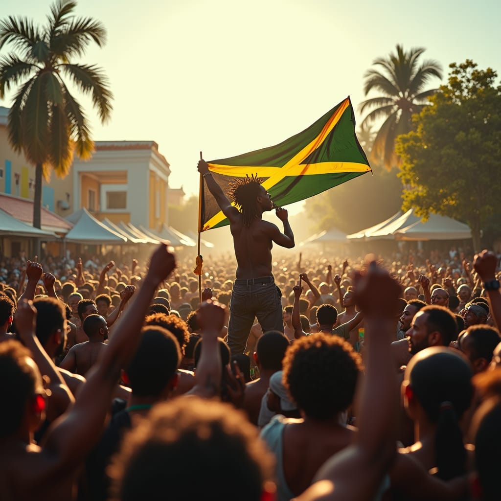 A crowd of diverse Jamaicans gathered in a vibrant public square, surrounded by colorful buildings and lush tropical trees, as a charismatic leader stands atop a makeshift stage, passionately addressing the sea of enthusiastic faces, with a bold, eye-catching banner waving in the foreground, amidst a flurry of raised fists and flags, evoking the spirit of unity and revolution. 
