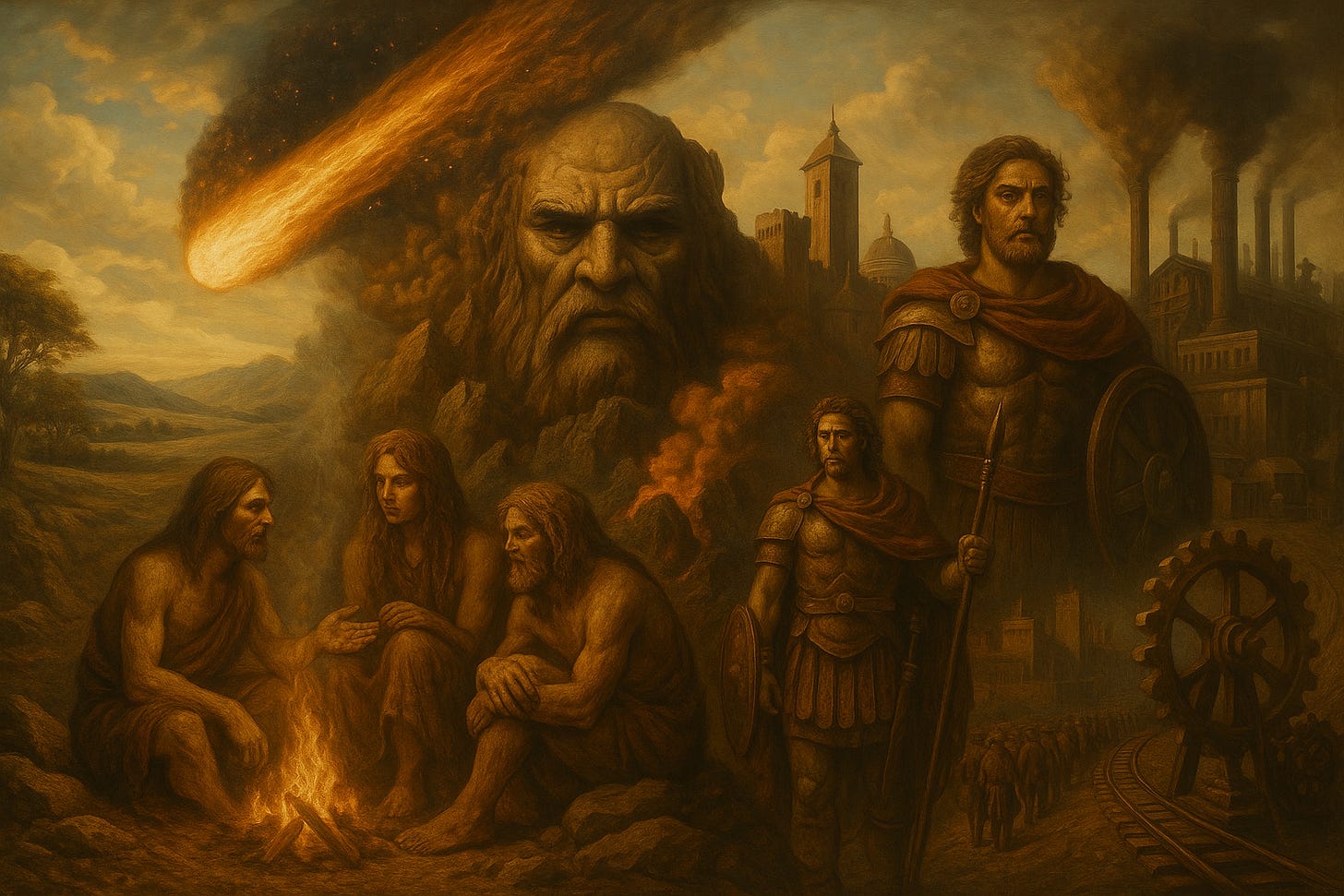 A rich, detailed oil painting depicting the grand sweep of human history as the rise of patriarchy. On the left, a harmonious, egalitarian prehistoric landscape with peaceful human figures in nature; at the centre, a violent cataclysm disturbs the scene as fire and chaos erupt. To the right, progressively rigid structures emerge: ancient empires with stone walls, temples, and armies marching; further right, industrial factories and smokestacks dominate the horizon, symbolising the normalisation of hypermasculine dominance over time.